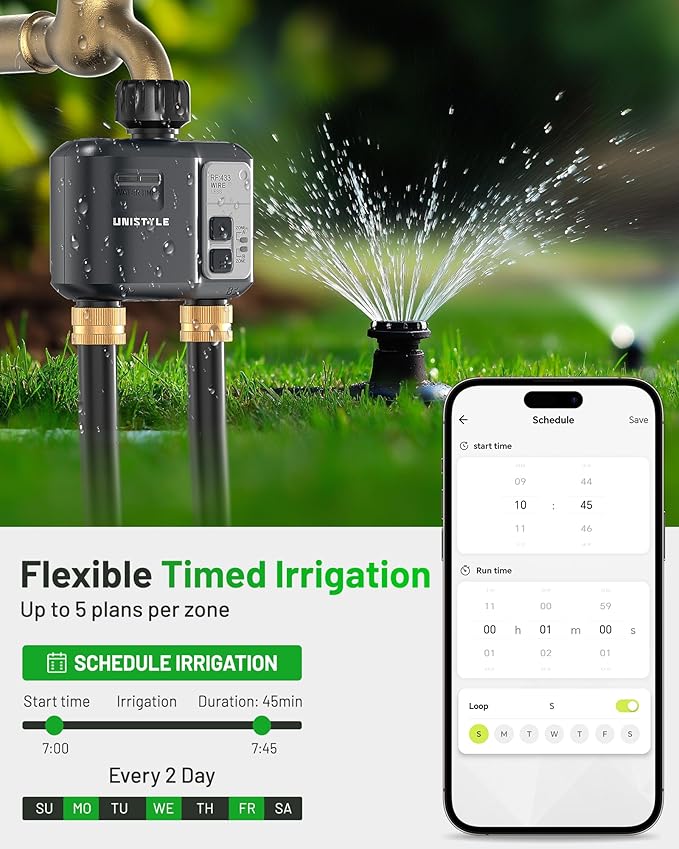 [All-New 2027] 1700FT WiFi Sprinkler Timer 2 Zone, Unistyle Smart Hose Timers Compatible Alexa & Google Voice and App Control, Water Timer for Garden Hose with Auto & Manual Modes for Garden Lawn