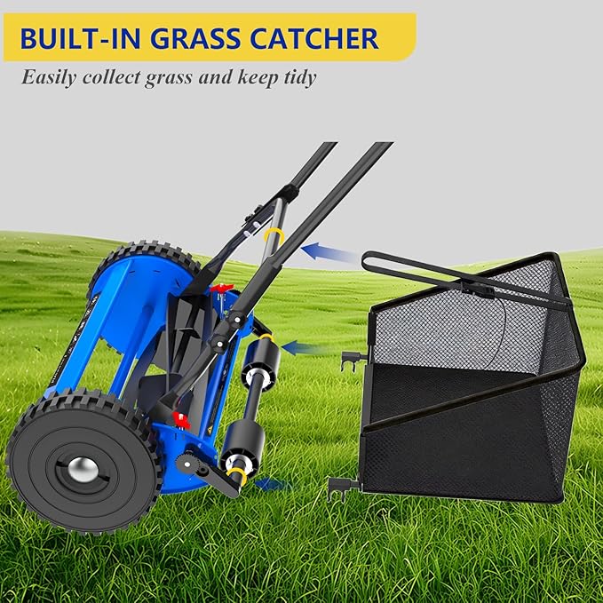 18-Inch Reel Lawn Mower with Grass Catcher and Tool-Free Blade Adjustment, 5-Blade Manual Push Lawn Mower, 5-Position Height Adjustable