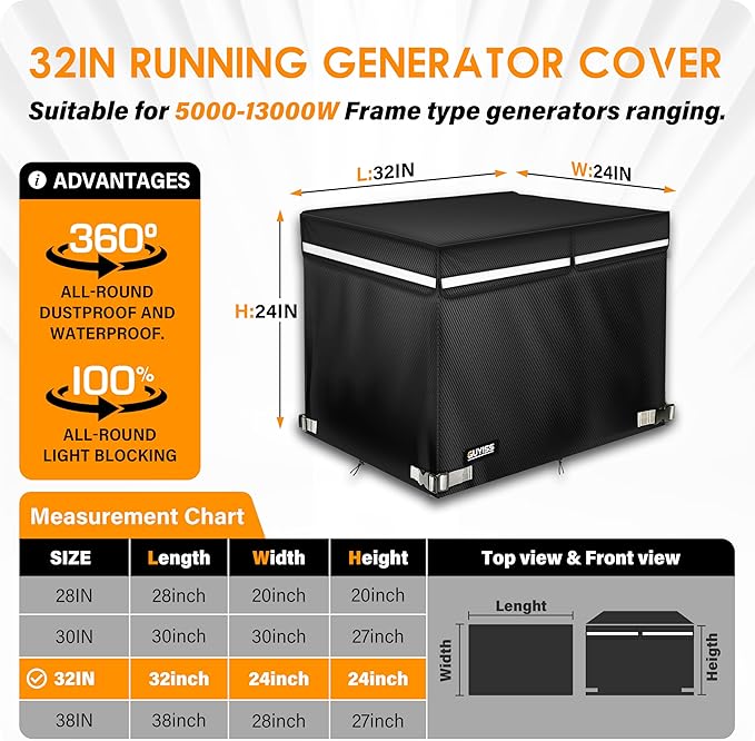 Generator Covers While Running, 32x24x24 inch Generator Cover, 900D+210D Heavy Duty Waterproof, Top Can Be Opened for Refueling. All-weather Generator Protective Cover.Black