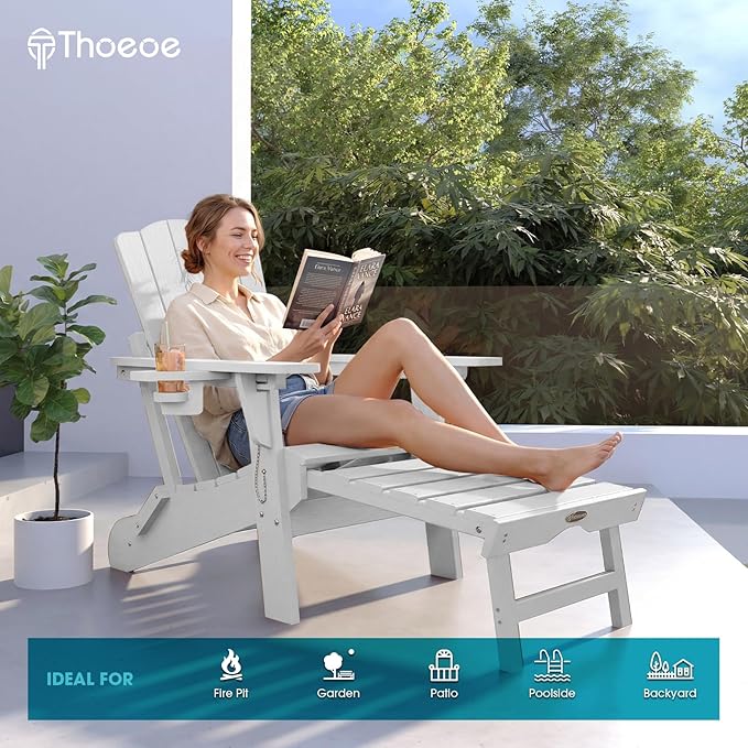 THOEOE Folding Adjustable Adirondack Chairs with Ottoman & 1 Cup Holders Set of 2, HDEP Multifunctional Adirondack Chair with Footrest,White