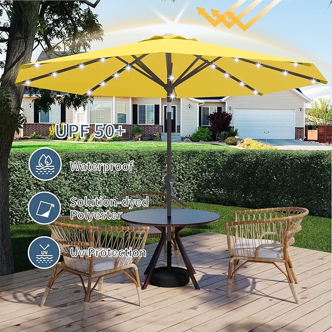 9FT Patio Umbrella with Solar Lights,Outdoor Market Umbrella with Tilt and Crank, LED Lighted Table Umbrella for Garden,Deck,Backyard,Pool,Beach
