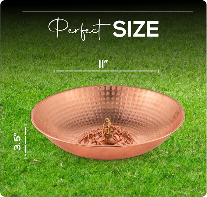 Copper Anchoring Basin – Hammered Metal Bowl for Rain Chain Downspout Gutters – Beautiful Decorative Fountain Dish Display for Outdoor Garden, Lawn & Patio Water Feature – 11” Wide x 2” High