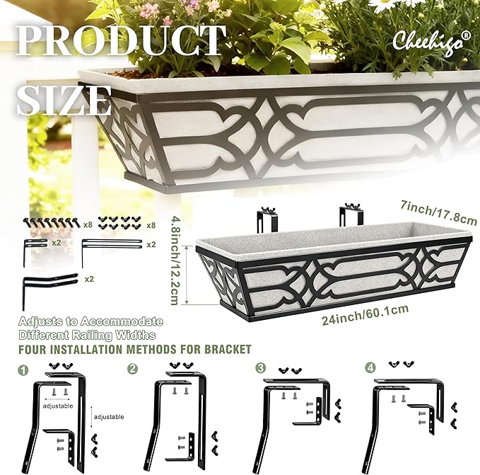 Window Planter Box, Railing Planter Box with Non-Woven Fabric Liners, 4 Pack 24" Hanging Flower Baskets for Outdoor Plants, Metal Deck Railing Planters with Adjustable Brackets, Apartment Balcony