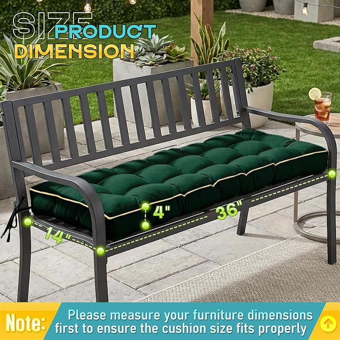 Outdoor Bench Cushion, Tufted Patio Seat Pad for Garden Bench, Porch Swing, Indoor/Outoor Furniture (Green, 36X14X4 inch)