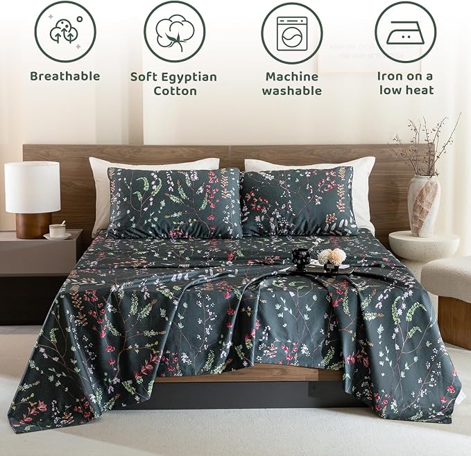 QSH Floral Egyptian Cotton Sheets Queen Size - Elegant Navy Botanical Pattern Printed Bedding Sheets Queen Size Bed Extra Soft and Breathable 4pcs Deep Pockets Bed Sheets