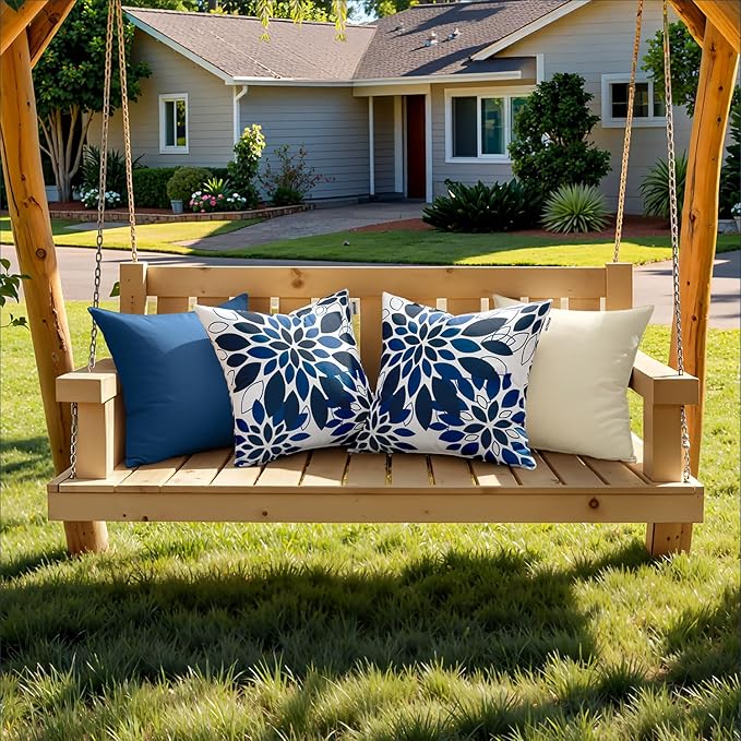 Floral Outdoor Pillow Covers Waterproof Spring Throw Pillow Cases Navy Blue 18x18 Inch Set of 2 Decorative Summer Cushion Covers for Patio Furniture Garden Bench Porch Sofa