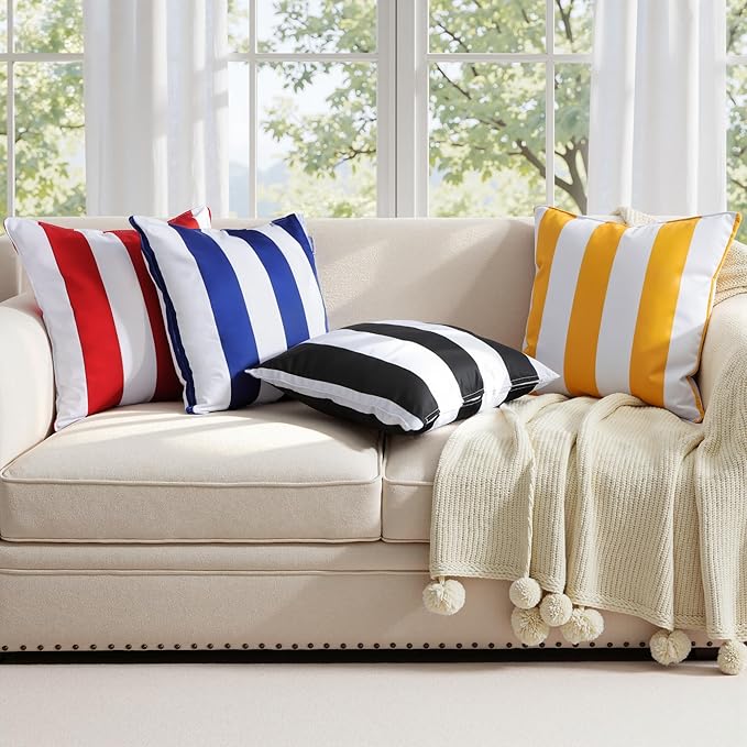 Western Home Pack of 2 Decorative Outdoor Solid Waterproof Striped Throw Pillow Covers Polyester Linen Garden Farmhouse Cushion Cases for Patio Tent Balcony Couch Sofa 18x18 inch Blue