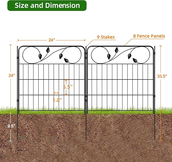 FOREHOGAR Decorative Black Garden Fencing 24in(H) X16ft(L) 8 Panels Metal Wire Edging Patio Landscape Flower Border Garden Fence for Dogs Animal Barrier for Outdoor