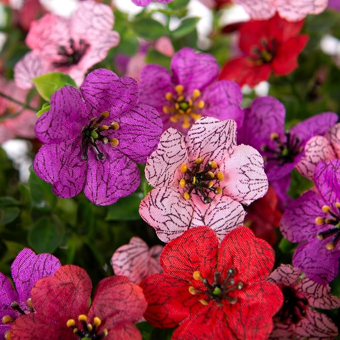 INXUGAO Artificial Silk Flowers Hanging Baskets Outdoors Indoors, Fake Daisy with Eucalyptus Leaves Arrangement for Garden Yard Spring Summer Decor Faux Green Plant(Red Brown Purple Pink)