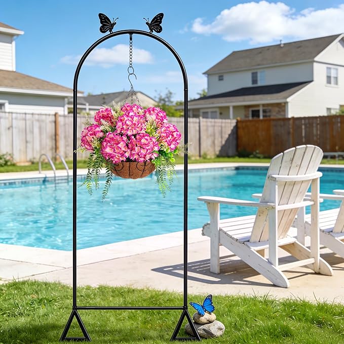 Ammyoo Artificial Hydrangea Flowers with Hanging Basket Planter for Spring Decoration, Fake Silk Flowers Outdoor Arrangements, Faux Hanging Plants for Garden Balcony Outside Decor (Fuchsia)