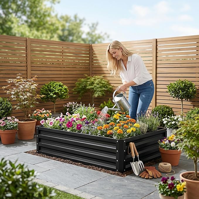 ONCEMORE Raised Garden Bed, Galvanized Steel Raised Garden Bed for Gardening Vegetables Fruit, 20pcs T-Types Tags & 1 Pair of Gloves,8x4x1FT,Black