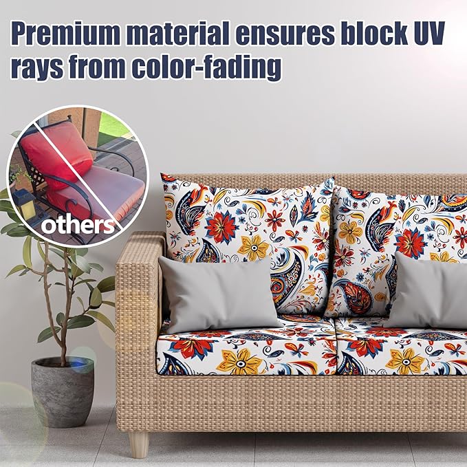 14Pcs Patio Stretch Cushion Covers, Outdoor Couch & Sofa Replacement Slipcovers for Patio Furniture Cushion Covers, Washable Reusable Furniture Protector, Square Large, Art Paisley