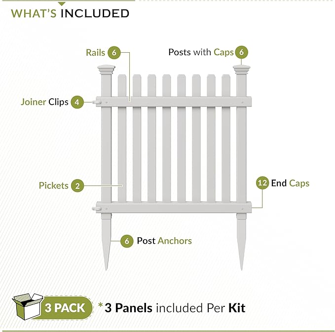 2ft H x 2ft W (3 Panels) No Dig Zippity Roger Rabbit Garden Fence Kit, White Vinyl Picket Panels, Garden Border and Edging for Dogs, Outdoor Dog Barrier for Yard, ZP19056
