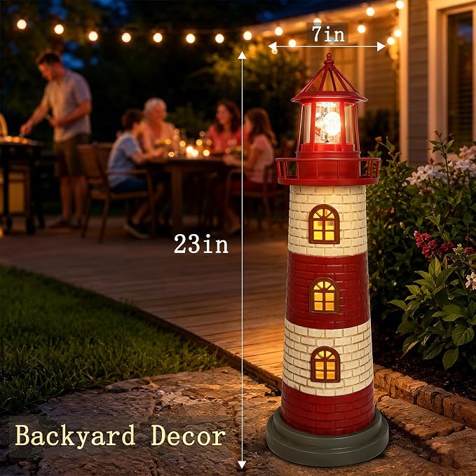 Large Garden Statues 23" Coastal Garden Decor for Outside - Lighthouse Solar Lights Outdoor Waterproof Patio Lawn Yard Decorations, Unique Housewarming Gift Garden Gifts for Family Friends (Red)