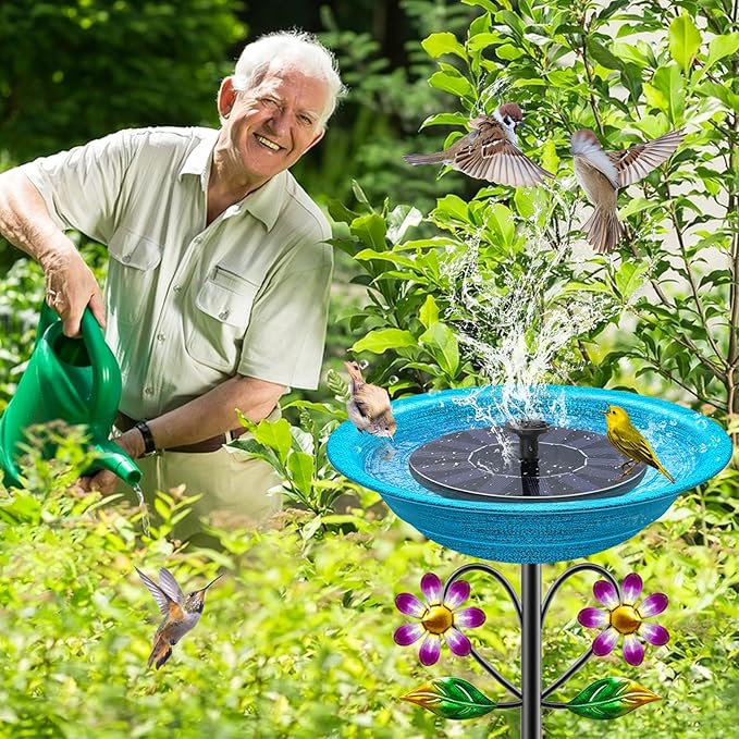 Metal Bird Bath for Outside Garden Birdbath Bowl, Freestanding Bird Feeders for Outdoors with 5 Prongs Base Stake, Standing Birdfeeders Bath Bowl for Yard Decor(Retro Blue)