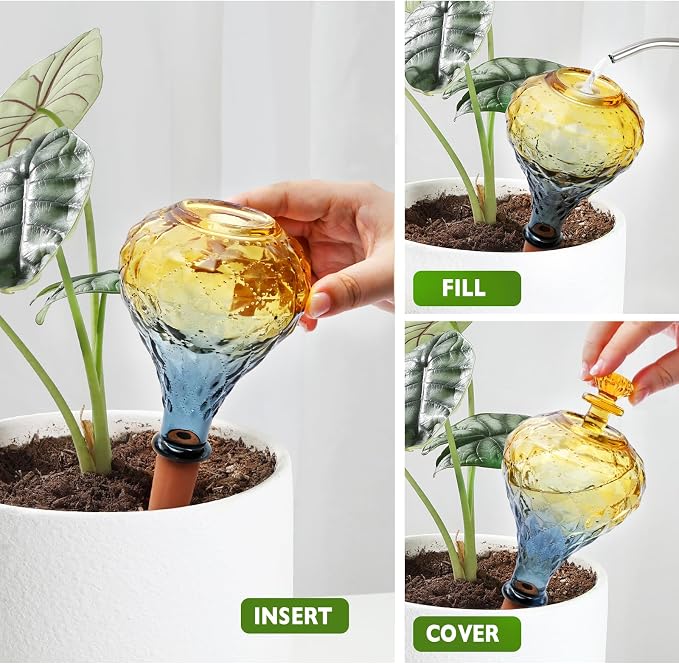 12 oz Plant Watering Globes, Yellow Glass Self Watering Bulbs Top Fill with Terracotta Spikes Stake, Self Watering Planter Insert Vacation Automatic Plant Waterer Device for Indoor & Outdoor