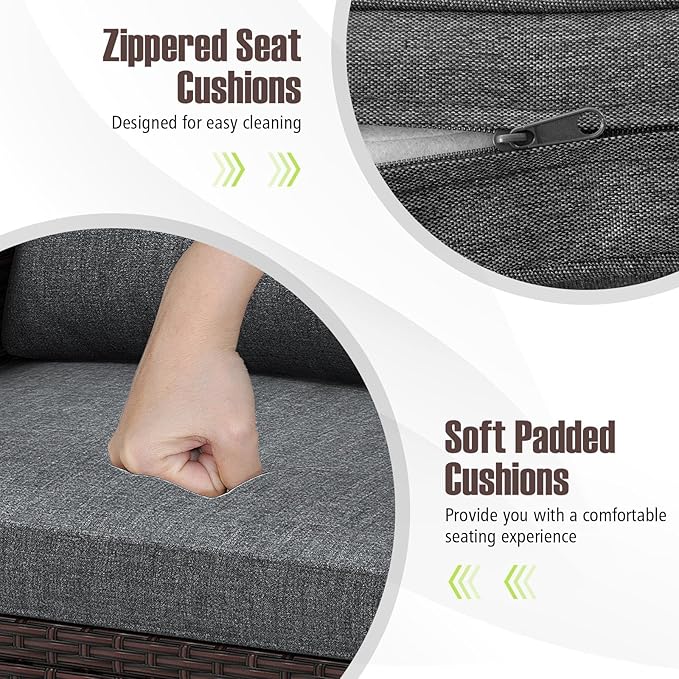 COSTWAY 3PCS Patio Furniture Set, PE Rattan Wicker Sofa w/Washable Cushion and Coffee Table, Tempered Glass Tabletop, Outdoor Conversation Set for Balcony, Porch, Yard, Backyard, Lawn (Grey)