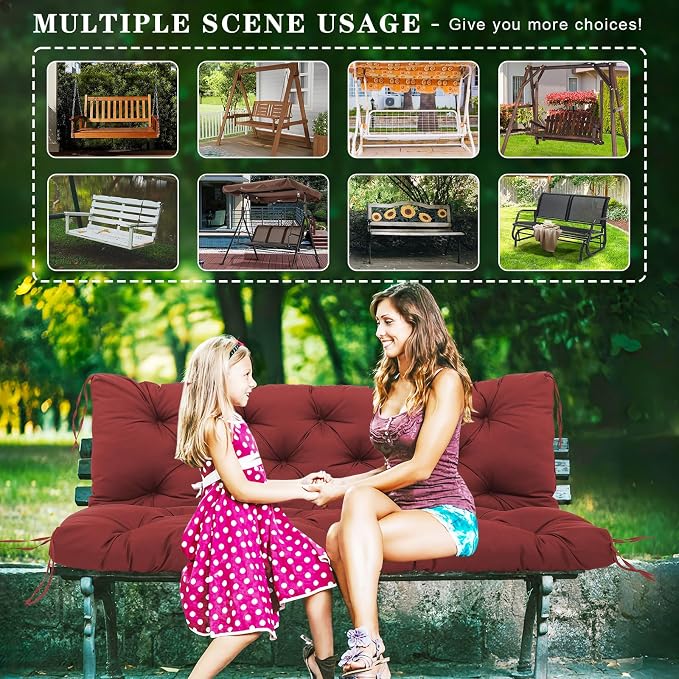 Porch Swing Cushions Outdoor, 5 Inch Thick Waterproof 2-3 Seater Replacement Swing Cushion with Backrest and Anti-Slip Ties, Perfect for Porch, Patio, Garden, Outdoor Bench Furniture, 60×40×5 Inch