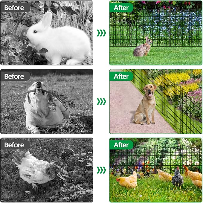12 Panels No Dig Decorative Outdoor Garden Fence, 26.4 in(H) X 25.5 ft(L) Animal Barrier Fencing, Rustproof Metal Wire Panel Border, Temporary Ground Stakes for Patio, Outdoor
