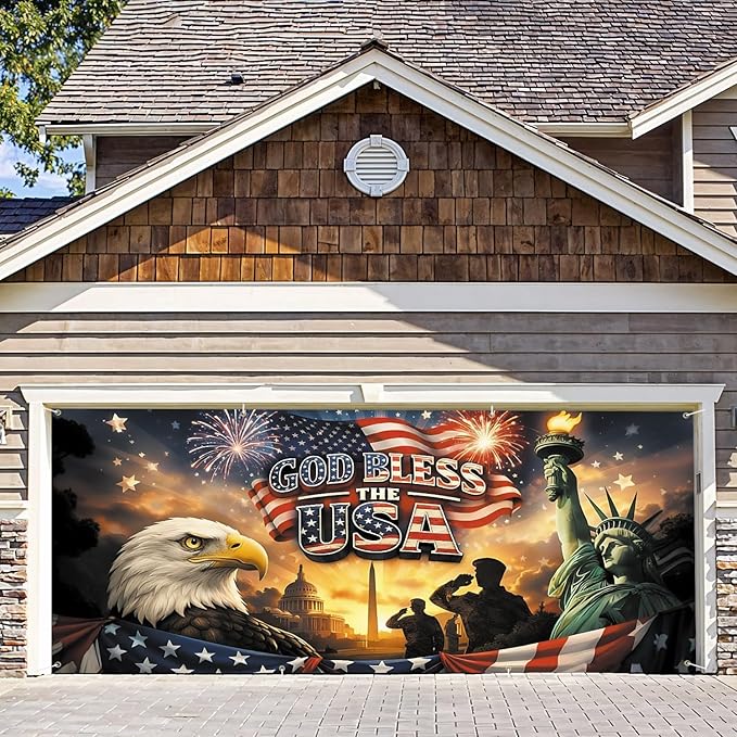 6 * 13FT Eagle Flag God Bless The UAS Garage Door Cover Decorations Independence Day Garage Door Banner for Outdoor Indoor Patriot Party Photography Backdrop