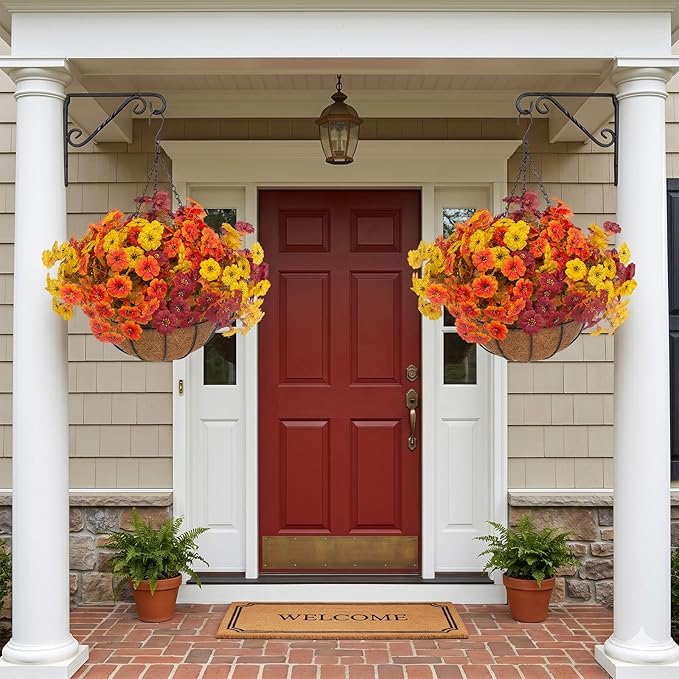 Hananona 2 Set Artificial Outdoor Fall Flowers with Hanging Basket, 2 Hanging Planters with 24 Pcs Flowers for Autumn Front Porch Garden Patio Home Decor (2, Orange,Yellow,Burgundy)