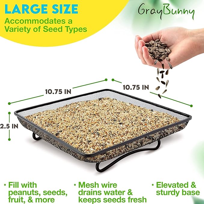 Ground Bird Feeder Tray for Outdoors (Metal) | Platform Mesh Seed Tray, Weather Resistant Backyard Bird Feeder, Garden Yard Decoration for Wild Birds, Squirrels, Dove, Cardinal, Blue Jay (11x11 in)