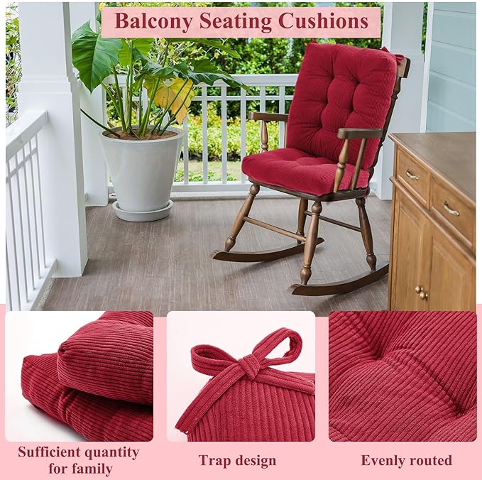 Juexica 4 Set Outdoor Patio Chair Cushions Corduroy Seat High Back Tufted Pillow Replacement Rocking Chair Cushions Patio Chair Pads for Autumn Winter Seasonal Indoor Home Office(Red)
