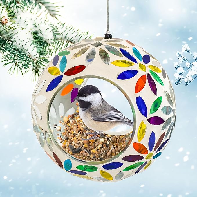 Sunnydaze 6-Inch Glass Mosaic Hanging Bird Feeder for Outdoors - Fly-Through Glass Bird Feeder for Cardinals, Jays, Finches and More - Rainbow Daisies