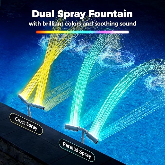 Pool Fountain 7-Color 4 Modes LED Lights for Above/Inground Pools, Dual Sprayer Sprinkler Waterfall Cool 20℉, Pool Lights with Remote, Adjustable Height 16-22", Swimming Pool Accessories,Outdoor Decor