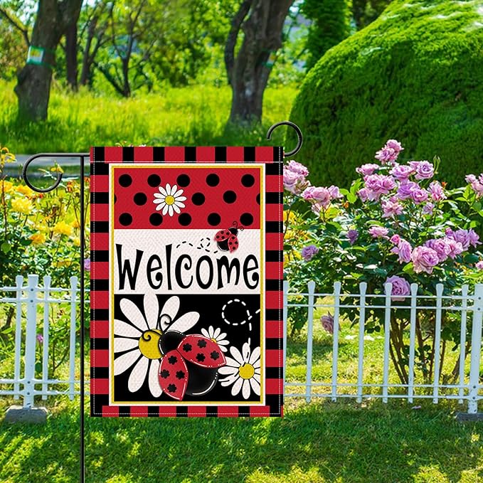 Artofy Welcome Spring Summer Ladybug Daisy Flower Small Decorative Garden Flag, Red Black Polka Dots Yard Lawn Outside Decor, Seasonal Burlap Outdoor Home Decoration Double Sided 12 x 18