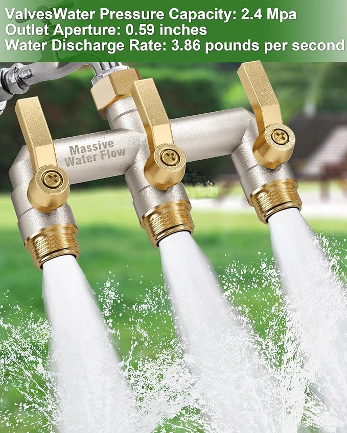 Garden Hose Splitter, 3 Way Hose Splitter Heavy Duty Full Flow Solid Brass Nickel Plated Spigot Splitter Valve with Metal Handle, Outdoor Faucet Splitter, 3/4 - Inch Frost Resistant Hose Adapter