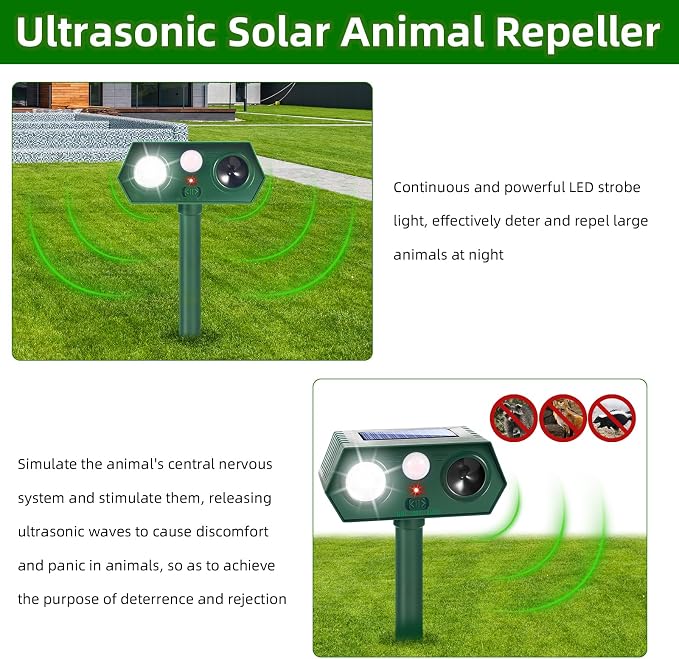 2026 Upgraded Solar Ultrasonic Animal Repeller Deer Repellent Devices with Motion Sensor & LED Flashinglight Cat Deterrent Outdoor to Keep Away Squirrel Rabbit Raccoon Dog for Garden, Yard 4 Pack