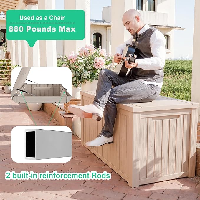 180 Gallon Outdoor Storage Box, Waterproof Resin Deck Box for Patio Cushions & Gardening Tools, Lockable & Durable Outdoor Storage Bin, Stylish Grey Design