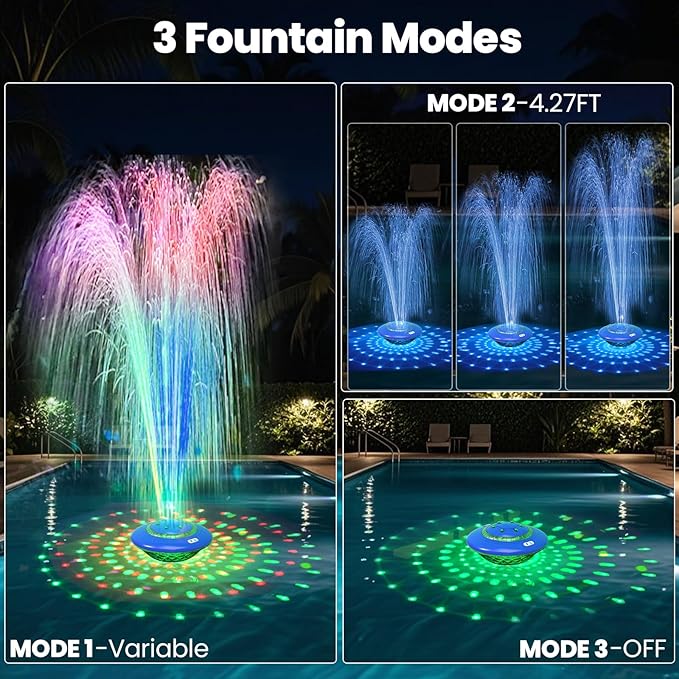 Floating Pool Fountain with Lights Show, 9 Pool Light Modes and 3 Fountain Modes with Remote for Inground Above Ground Pool, Upgraded Rechargeable Pool Fountains with Anchor-1 PC