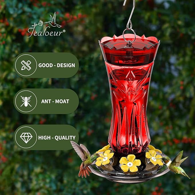 Jealoeur Hummingbird Feeder for Outdoors Hanging, 18 OZ Humming Birds Feeders with 6 Bee Guard Feeding Ports & Built-in Ant Moat, Easy to Clean, Durable Outdoor Garden Decor (Red 2 Pack)