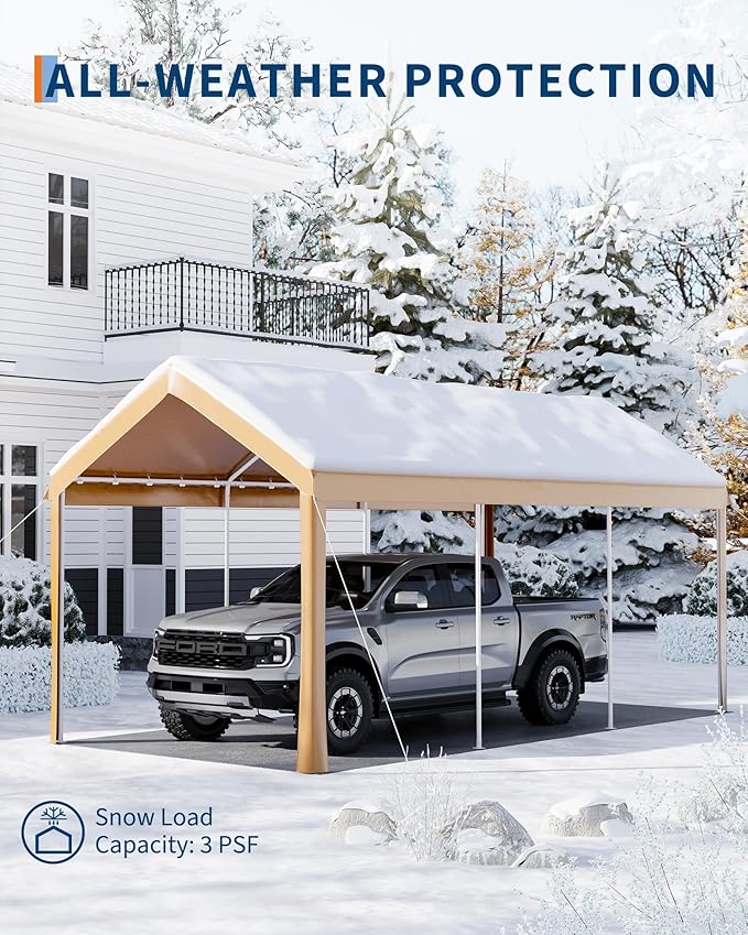 10 Ft x 20 Ft Carport Canopy, Portable Heavy Duty Garage Shelter with 8 Legs, Outdoor Car Shelter Tent with All-Season Tarp for Car, Truck, SUV, Boat