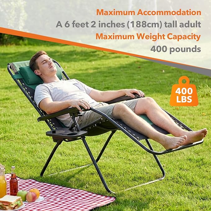 Sweetcrispy Zero Gravity Chairs, Foldable Patio Reclining Chairs with Adjustable Pillow & Cup Holder, Oversized Portable Support 400 lbs, for Backyard Camping(Black-Green)