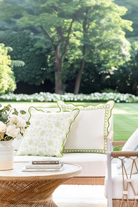 Hofdeco Premium Coastal Patio Indoor Outdoor Scalloped Throw Pillow Cover Only, 20"x20" Water Repellent for Backyard, Couch, Green Print Dahlia Floral (Pack of 2)