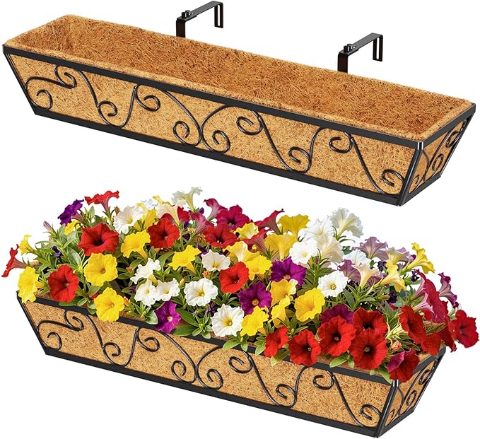 2PCS 30 Inch Railing Planter with Adjustable Brackets, Window Box with Coco Liner, Hanging Flower Box for Balcony Deck Fence, Metal, Black