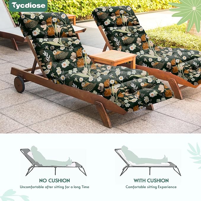 Outdoor Chaise Lounge Chair Cushion Waterproof 74.4 x 22 x 4.7 Inches Memory Foam Lounge Chair Cushions for Outdoor Furniture with Ties, Thickened Pool Lounge Chair Cushion, Green Floral