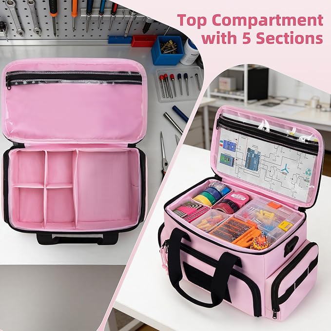 Pink Tool Bag for Women with 2 Clear Pouches, 12-inch Tool Storage Organizer, Double Layer Tool Box for Electrician, Carpenters, Repairman, Pink