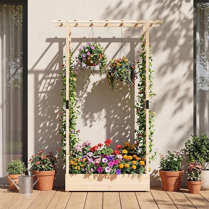 HAPPYGRILL 89" Raised Garden Bed with Trellis & Hanging Roof, Wooden Planter Box with 4 Drainage Holes, Outdoor Wood Elevated Garden Bed for Climbing Plants Vines Vegetables Flowers (Natural,1)