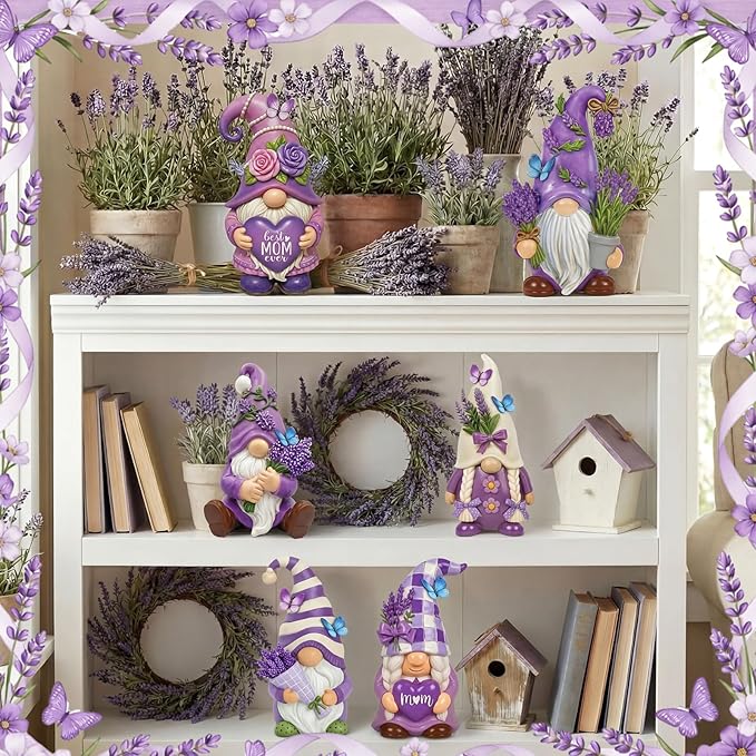 Simgoing 6 Pcs Mother's Day Gnomes Resin Purple Lavender Figurines Best Mom Ever Lavender Gnomes Statues Table Decor Gift for Mom Spring Home Tabletop Centerpieces Mothers Day Tiered Tray Decoration