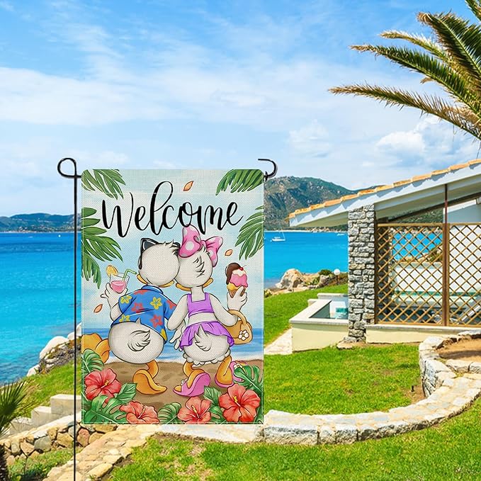 Selmad Welcome Summer Cartoon Duck Decorative Garden Flag, Beach Coastal Hibiscus Flower Tropical Home Yard Outdoor Decor, Hawaii Nautical Seasonal Small Outside Decoration Double Sided 12 x 18