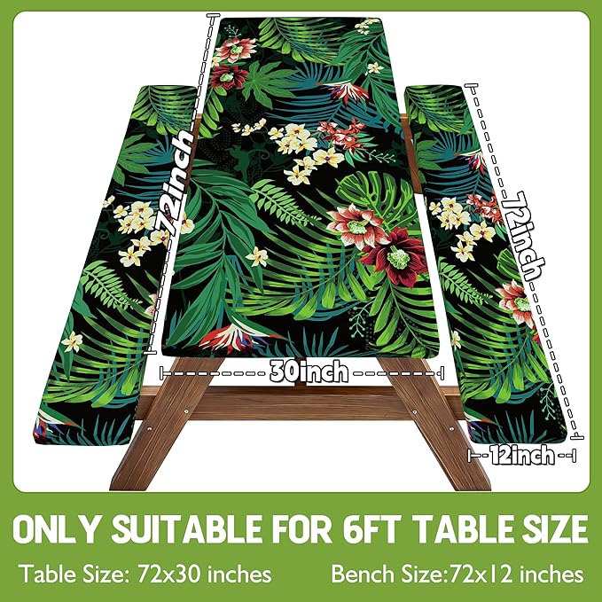 Picnic Table Cover with Bench Covers Waterproof Elastic Rectangle Tablecloth Camping Essentials Supplies Rv Car Travel Gear Must Haves Accessories Fitted Table Cloth Outdoor Road Trip Camper Gifts 6ft