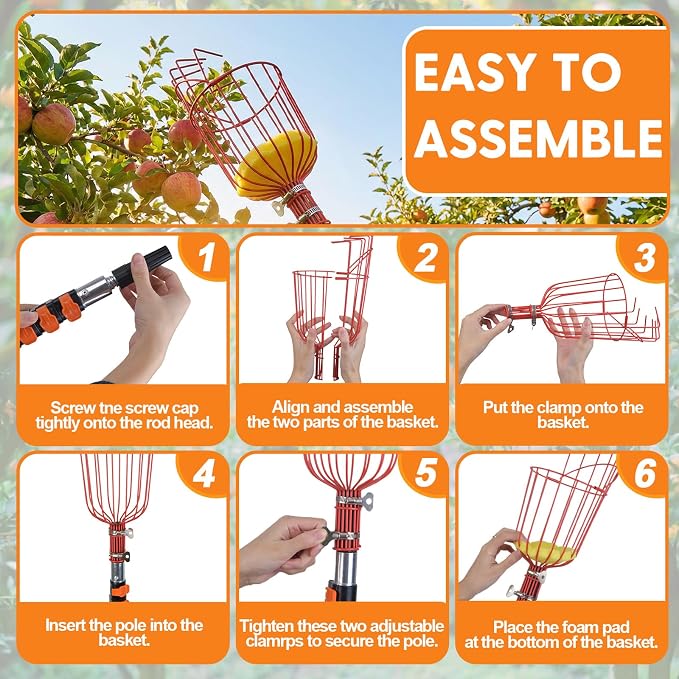 26FT Reach Fruit Picker Pole with Basket Telescoping, Lightweight Aluminum Apple Picker Extension Pole, Fruit Catcher for Trees, for Apple Orange Lemon Mango Avocado Pear Fruit Picking