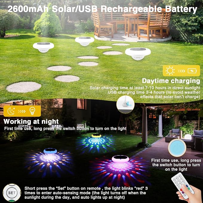 Solar Pool Lights(4 PACK), USB Rechargeable Floating Pool Lights, 6.69 Inch IP68 Waterproof 6 Dynamic Modes Upper and Lower Color Changing 2600mAh Hangable Floating Light with Remote for Bathtub