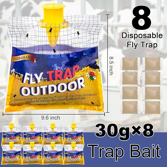 Disposable Fly Traps 8 Pack Bags Outdoor, Flies Catcher Traps with Natural Pre-Bait Refill Repellent, Reusable Stable Horse Ranch Trapper Outdoor Hanging Fly Killer Helps Control Flies