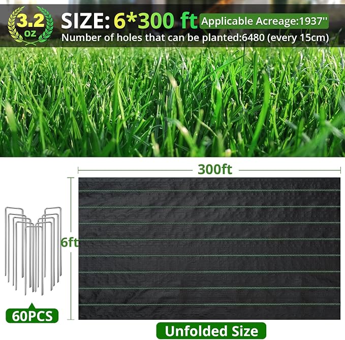 6FT x 300FT Heavy Duty Landscape Fabric, 3.2oz Woven Geotextile Weed Barrier with 60 U-Shaped Pegs & Pre-printed Cutting Lines, Durable Ground Cover for Professional Garden Beds, Driveway, Greenhouse