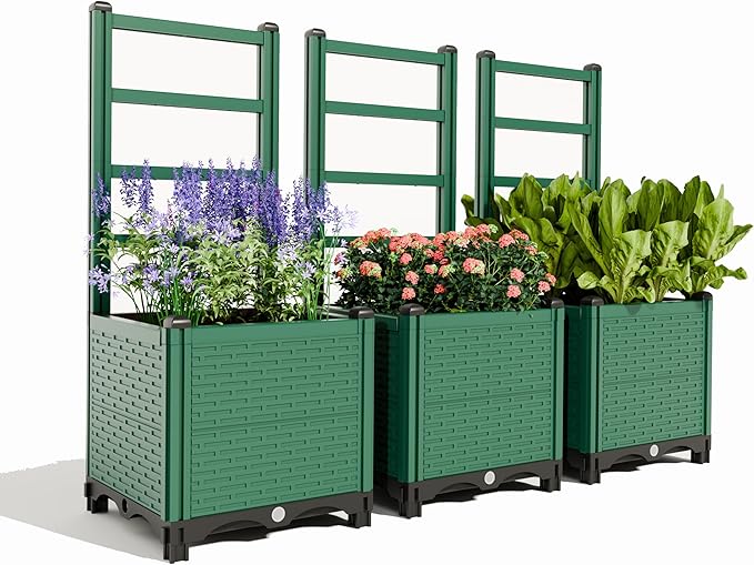 Outdoor Raised Garden Bed - Stackable Vertical Planter with Trellis for Vegetables & Flowers | Durable Resin, Tool-Free Assembly | Perfect for Balcony, Patio, Deck (47.24" H)